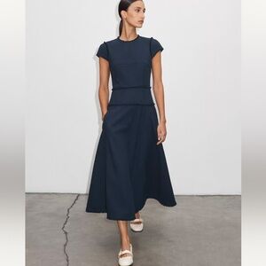 ME+EM 2 Textured Cap Sleeve Midi Dress Tailoring Navy EUC Lined Fit Flare